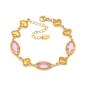 Gold plated stainless steel chain bracelet with pink glass stones and heart pendants - Gold Pink
