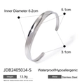 Detailed specs of irregular silver stainless steel cuff showing dimensions and weight - Silver Curved Open Style (JDB2405014-S)