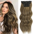 Detail view of wavy brown highlights clip-in hair extension set on a female model - Brown Highlights (4322-4H119#)