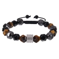 Retro 10mm lava and tiger eye stone braided bracelet with stainless steel zircon accent - Faceted Lava Stone - Woven Style