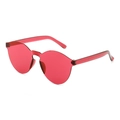 Detail view of red rimless shield sunglasses featuring a translucent candy-colored design - Burgundy