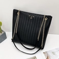 Woven texture tote bag with gold chain strap and luck for you triangular logo - Black