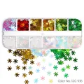 Macro detail of 12-grid Christmas snowflake nail art glitter sequins in various colors - 12 Grids / Red Gold Green Holographic Style (12G-936)