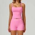 Ensemble de yoga rose 2 pièces avec haut court carré et short à taille croisée - Rose Bonbon (Débardeur + Short)