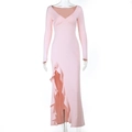 Detailed view of the pink V-neck long-sleeve dress with ruffled side split and sleek finish - XS / Pink