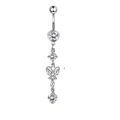Silver belly button ring set with zircon butterfly pendant and high-polished steel finish - Silver Butterfly