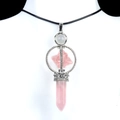 Pink crystal hex column Merkaba pendant with silver frame on a black cord necklace - Rose Quartz