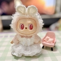 Pink plush doll outfit with white lace dress and bunny ear headband for sitting Labubu - Invisible Wings / First And Second Generation Keychains Are Compatible With La Cloth Dolls. Dolls Not Included.
