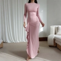 Chic pink long-sleeved wrap dress featuring a stylish ruffle slit and bodycon fit - S / Pink