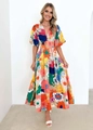 Detail of floral puff sleeve maxi dress with deep V-neck and vibrant multi-color print - S / Orange Red Floral