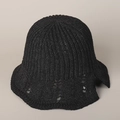 Detail of black knit bucket hat with lace cutout brim and elegant rear bow design - M (56-58cm) / Black