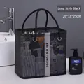 Black mesh shower caddy bag with Bath Storage print and reinforced handles in 26x18x25cm size - Long Style / Black