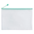 White A4 mesh file bag with a mint green zipper and pull cord for office storage - Morandi Light Green - Blank
