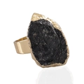 Unique natural black raw stone ring featuring an irregular gemstone on a polished gold band - Adjustable Open / Gold Natural Obsidian Raw
