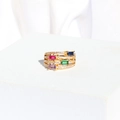 Detail of gold multi-layer ring with rectangular colorful gemstones and micro-pave crystals - Four-layer Rectangular Gemstone Style (Style 3)