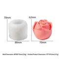 Silicone rose candle mold showing size 88x88x70mm and finished flower specimen - 3 Large Rose Bud