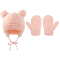 Warm pink knit baby hat and mittens set featuring fluffy dual pom poms and soft fleece lining - Set / Pink