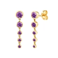Detail view of gold drop earrings with five graduated round purple zircon stones - Style 6-Five Stone Gradient Drop Earrings / Purple/Gold
