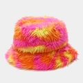 Detailed close-up of rainbow tie-dye faux fur texture on a warm winter bucket hat - Pink Orange Yellow Stripe Style (2#色)