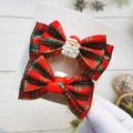 Christmas bow hair clips featuring red plaid fabric with Santa and stocking charms - Bow Hair Clip Combo 1 (2pcs)