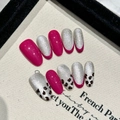 Handgemaakte kunstnagels in roosrood met zilveren cat-eye glitter en luipaardprint - Extra Klein (XS) / Rose Rood Luipaard Kattenoog - Medium Ovaal (2413)