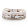 Detail of bohemian multilayer bracelet with pink crystal beads and silver cross pendant - Pink White