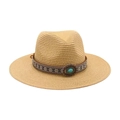 Cappello di paglia stile bohémien con fascia etnica e pietra turchese decorativa - Cappello di Paglia Beige (Pietra Blu Ovale)