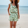 Groene tweedelige zomerserie met witte bladprint bestaande uit top en korte broek - S / Groen