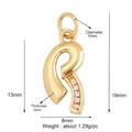 Gold plated copper alphabet pendant with white cubic zirconia inlay and size specs - Zirconia Letter R
