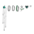 Elegant silver earring set with emerald green stones and floral tassel chain designs - 7-Piece Emerald Series (TZ00324 Palladium White Gold) / Silver