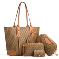 Braunes 4-teiliges Shopper-Set mit Kettenmuster, inklusive Handtasche und Geldbörse - Khaki