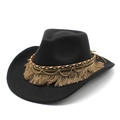 Retro black felt fedora hat with ethnic tassels and gold chains for men and women - M (56-58cm) / Black