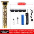 Golden vintage hair clipper set with Buddha relief carving and four limit combs - Buddha Engraved - Charging Dock - Metal Body