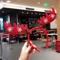 Festive red Christmas reindeer antler headband with white snowflakes and holly berry decor - Large Sequin Red