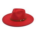 Close-up of red wool felt fedora hat featuring a brown leather buckle strap detail - M (56-58cm) / Red