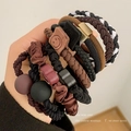 Elastic hair ties set with coffee brown and burgundy colors with smiley face charm - Mixed Style A