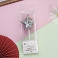 Silver star birthday cake candle with shiny metallic finish on Happy Birthday base - Silver Diamond Star Candle