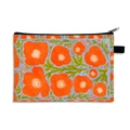 Floral makeup bag featuring orange flowers on a blue background with black zipper detail - Orange Blossoms