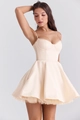 Detailed close-up of cream satin corset dress featuring a tiered tulle flared skirt - S / Bottoms / Off White