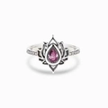 Vintage lotus ring with pear-cut pink stone and sparkling pavé crystals on a silver band - US 10 / Purple