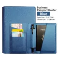 Blue Saffiano PU leather passport holder with pen loop and multiple card slots - Blue