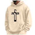 Men's beige fleece hoodie featuring black Jesus cross print and drawstring hood - S / Tops / Beige (Jesus)