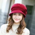 Elegant winter wine red knitted beret for women with plush fur and floral accents - One Size / Wine Red (Mink Flower Style)
