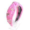 Pink knotted fabric headband with pearls and heart charms on a clear stand - 10# Pink (Daisy Rainbow Pendant)