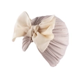 Detail of baby turban with soft ribbed fabric and large creamy white chiffon bow - Coffee
