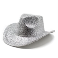 Detailed view of silver sequin cowboy hat with metallic glitter finish for parties - M (56-58cm) / Silver