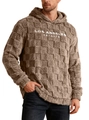 Detail of men's brown hoodie featuring checkered plush fabric and Los Angeles embroidery - S / Tops / Coffee