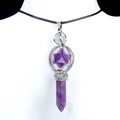 Merkaba hex column necklace with rotating amethyst pendant on black rope chain - Amethyst