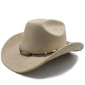 Detalle macro de sombrero cowboy de ante con cuentas turquesas y adorno de concha - M (56-58cm) / Camello Claro (KK-058)