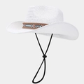 Close-up of white woven cowboy hat featuring a colorful ethnic pattern band and chin strap - White